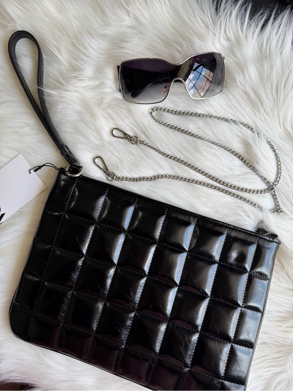 Zara Quilted Clutch Black with Silver Chain - Picture 5 of 16